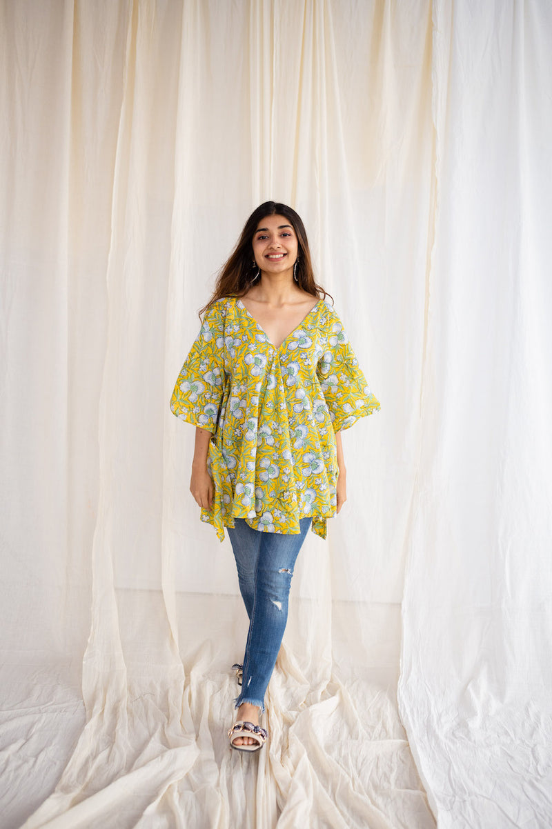 Jisha Sanganeri Yellow Cotton Short Top
