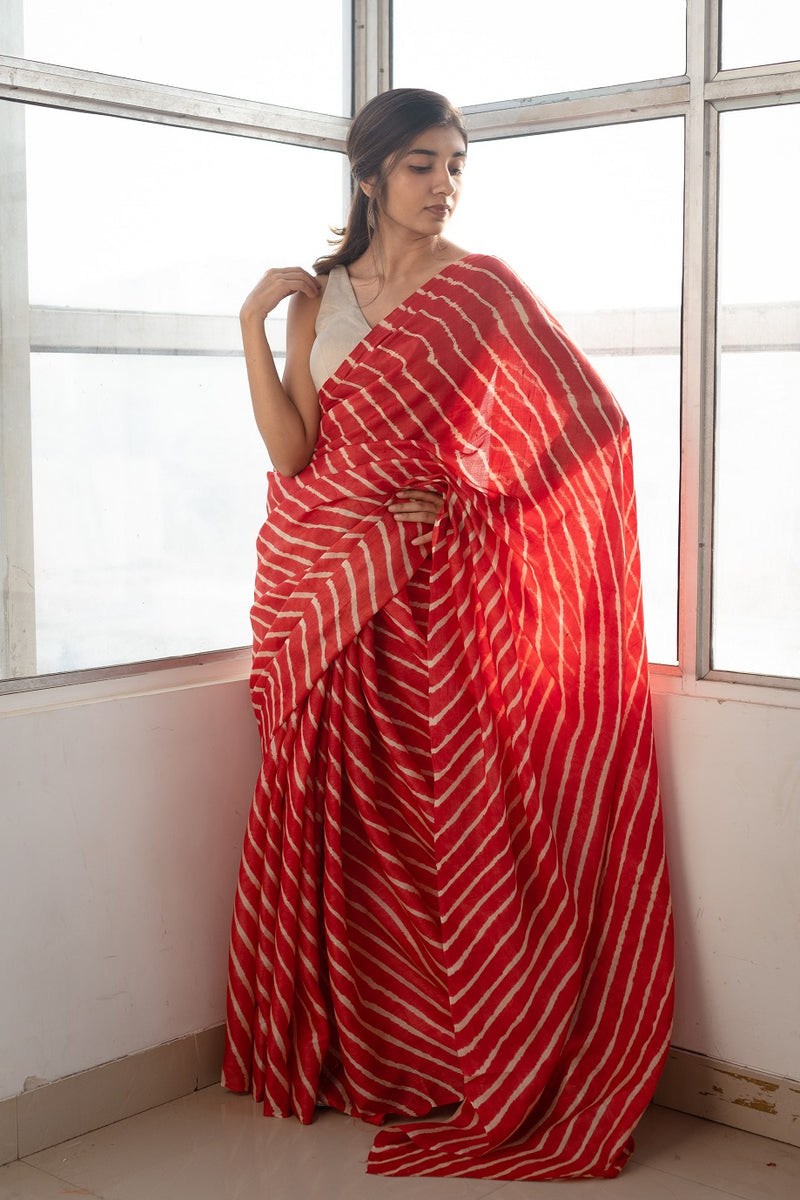 Red Tussar Silk Leheriya Saree
