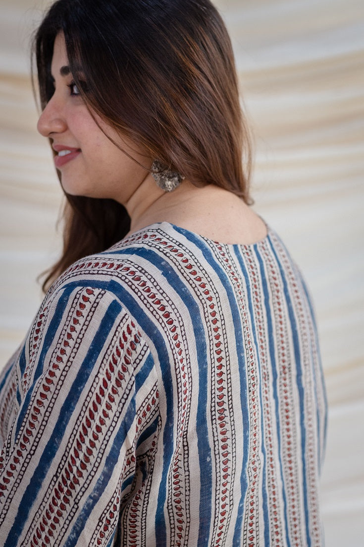 Leafy Border Linen Short Kurta