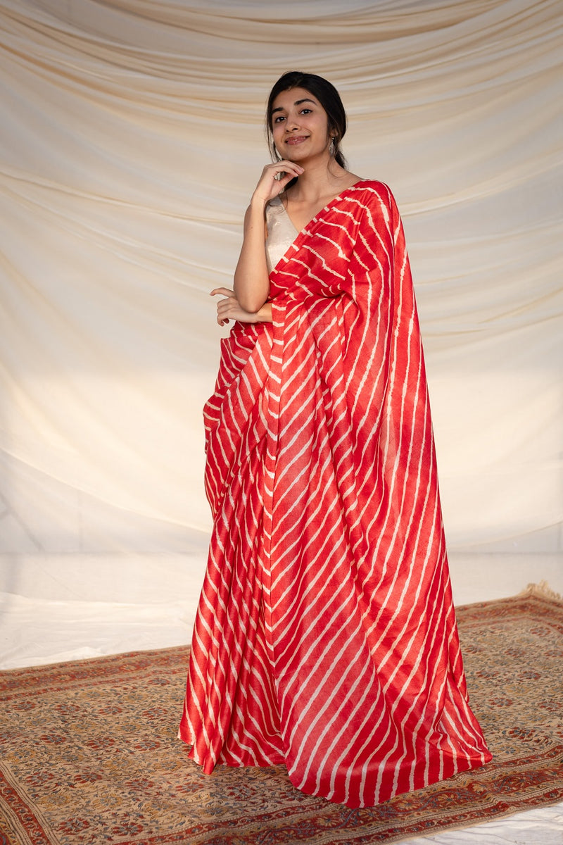 Red Tussar Silk Leheriya Saree