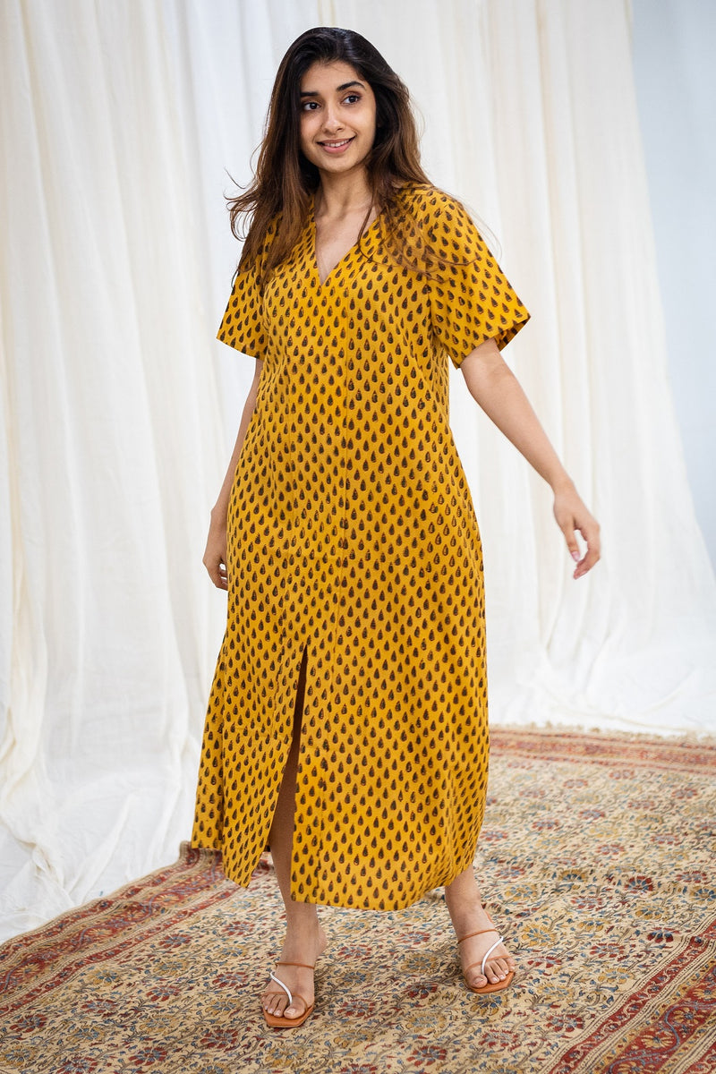 Zeba Ajrakh Yellow Cotton Dress