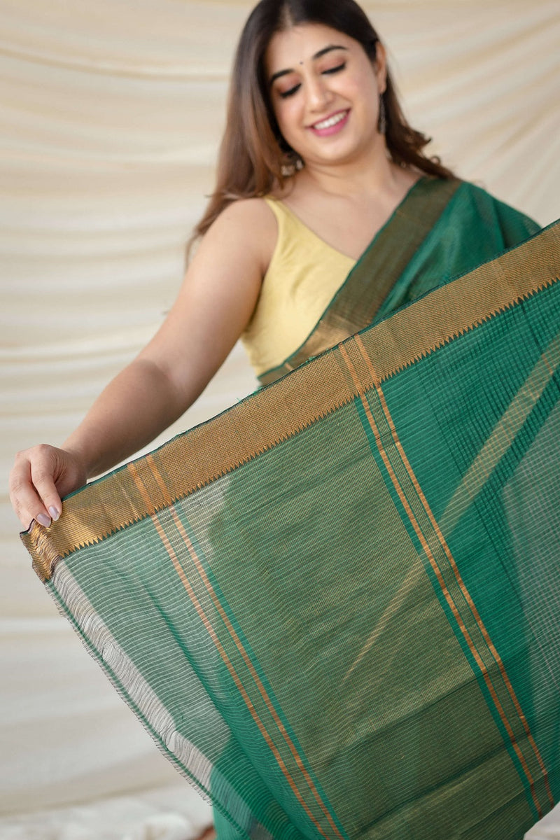 Green Mangalgiri Cotton Golden Zari Border Handwoven Saree