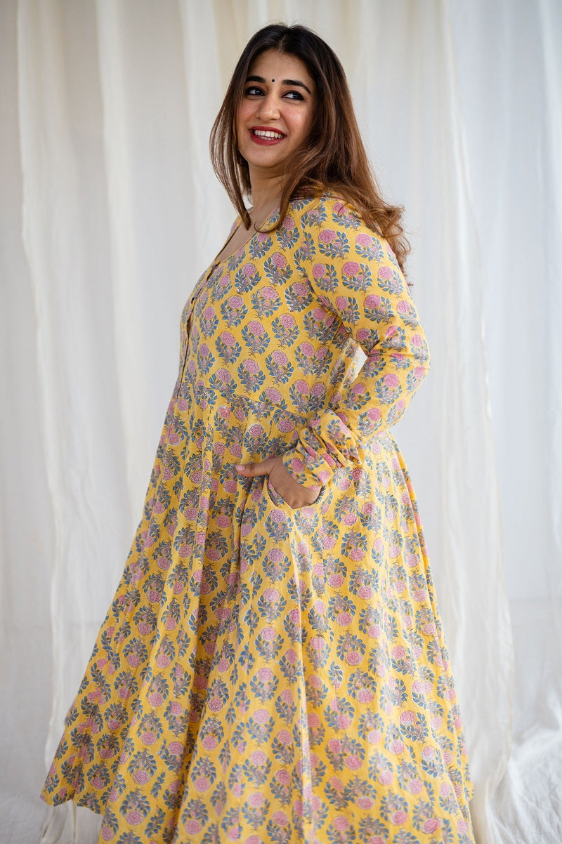 Pranshi Sanganeri Yellow Cotton Kali Kurta