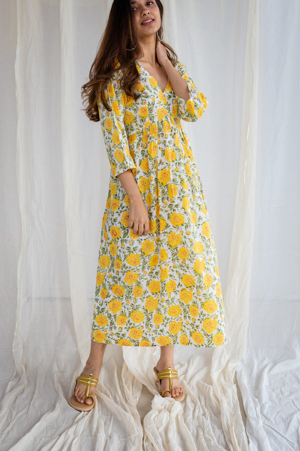 Daisy Sanganeri Yellow Cotton Flared Dress