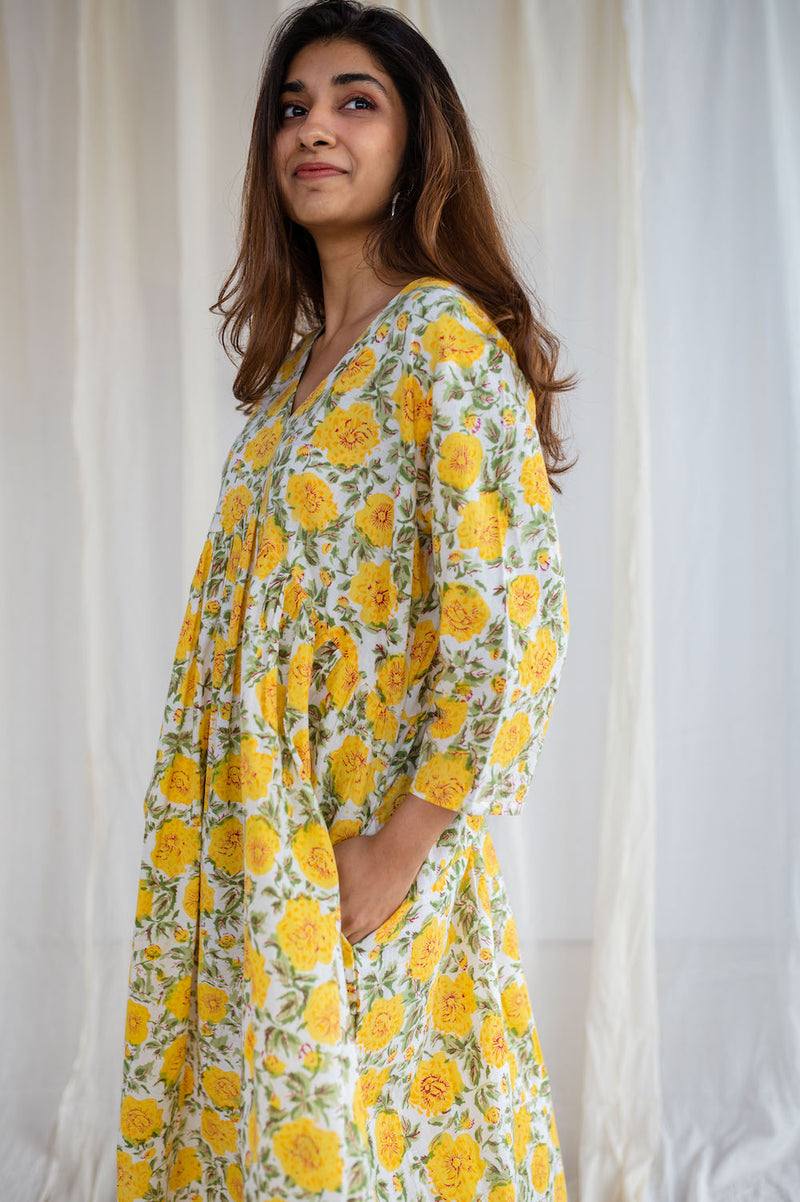 Daisy Sanganeri Yellow Cotton Flared Dress