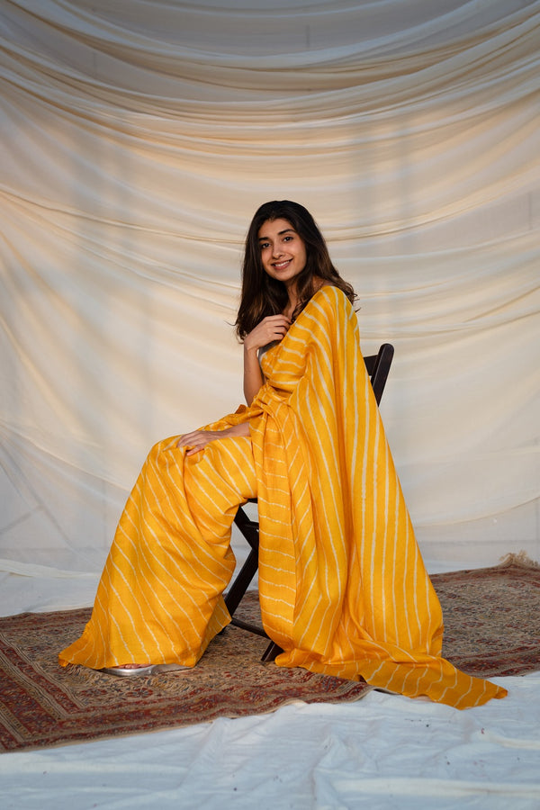 Yellow Tussar Silk Leheriya Saree
