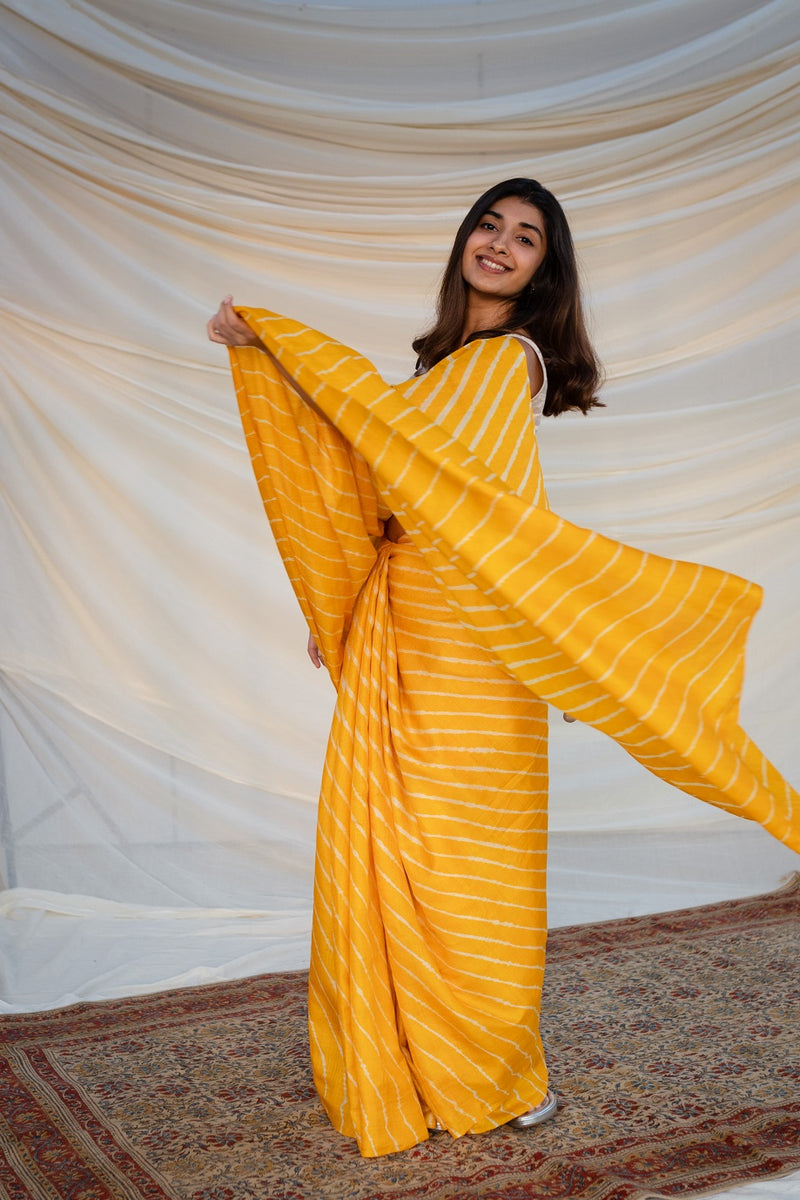 Yellow Tussar Silk Leheriya Saree