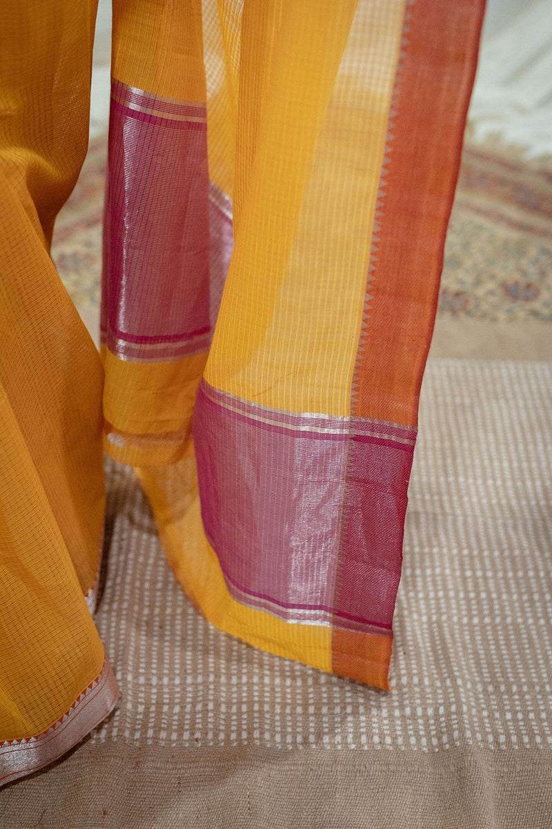 Yellow and Pink Mangalgiri Cotton Silver Zari Border Handwoven Saree