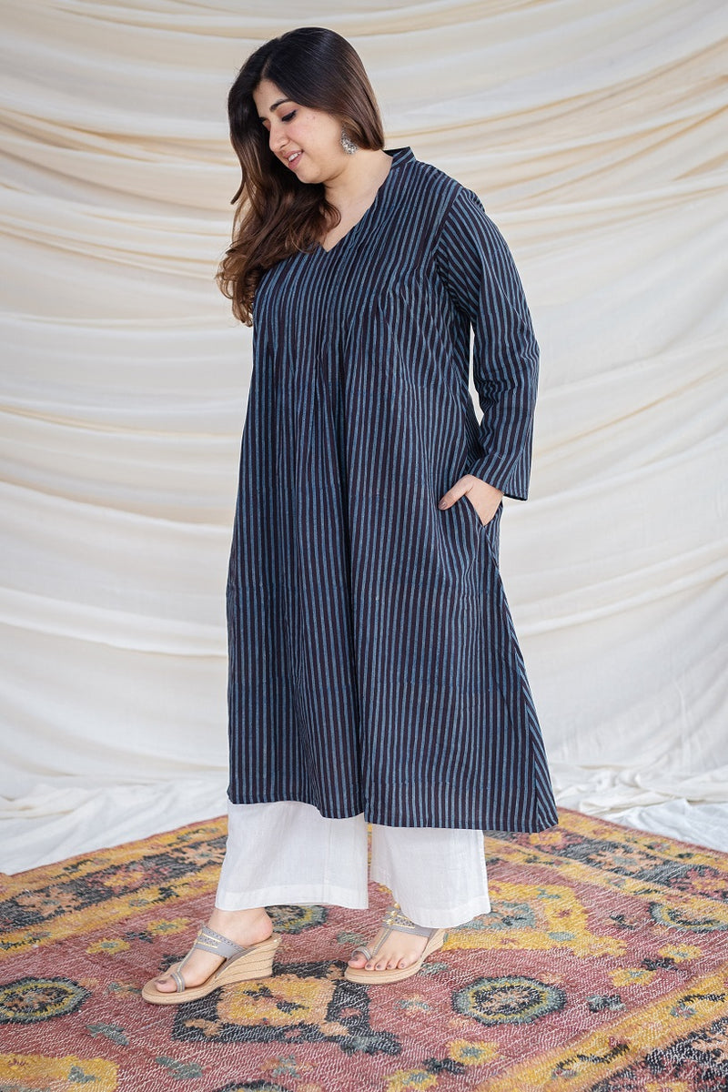 Jianshi Ajrakh Indigo Striped Cotton A Line Kurta