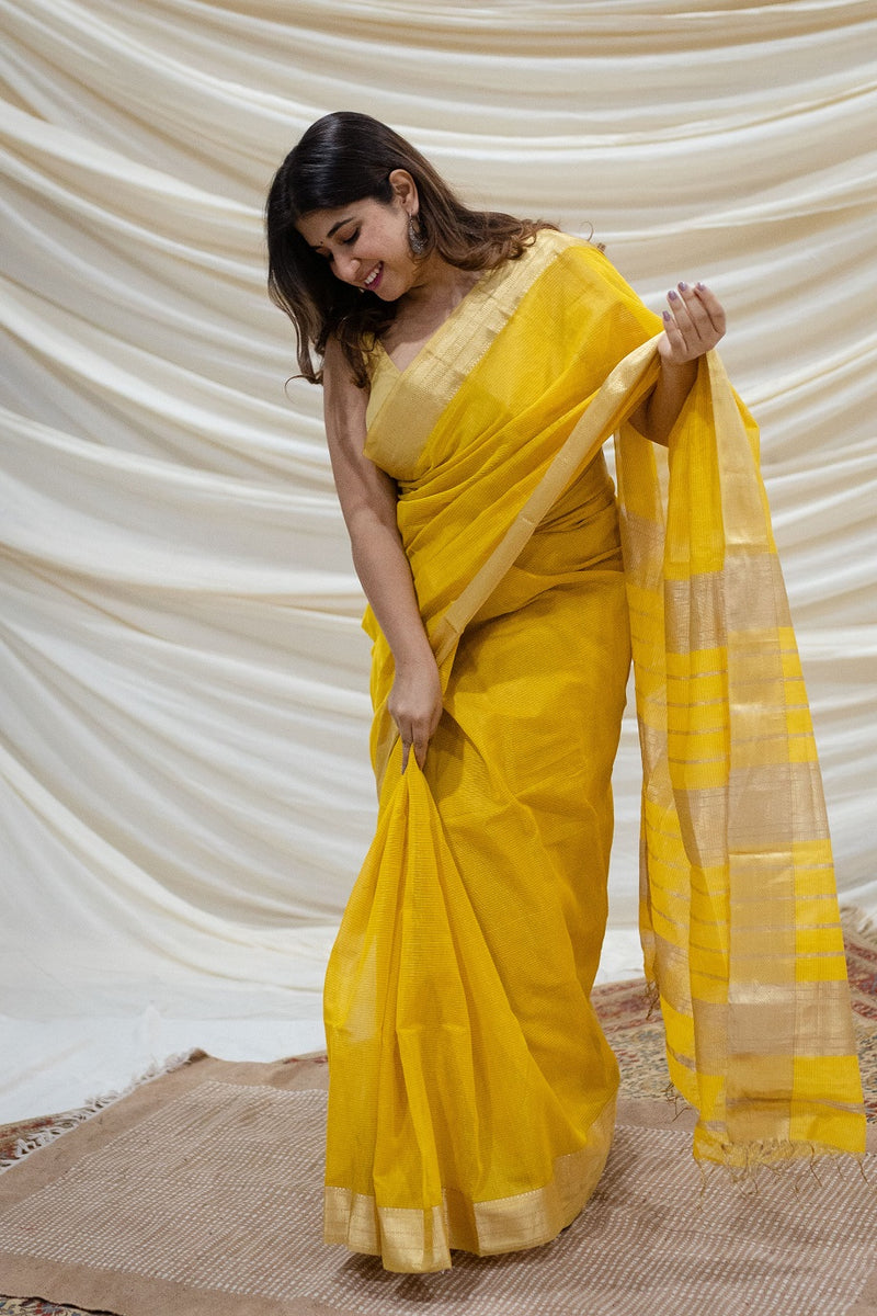 Yellow Maheshwari Silk Cotton Half Tissue Double Golden Zari Border Handwoven Saree