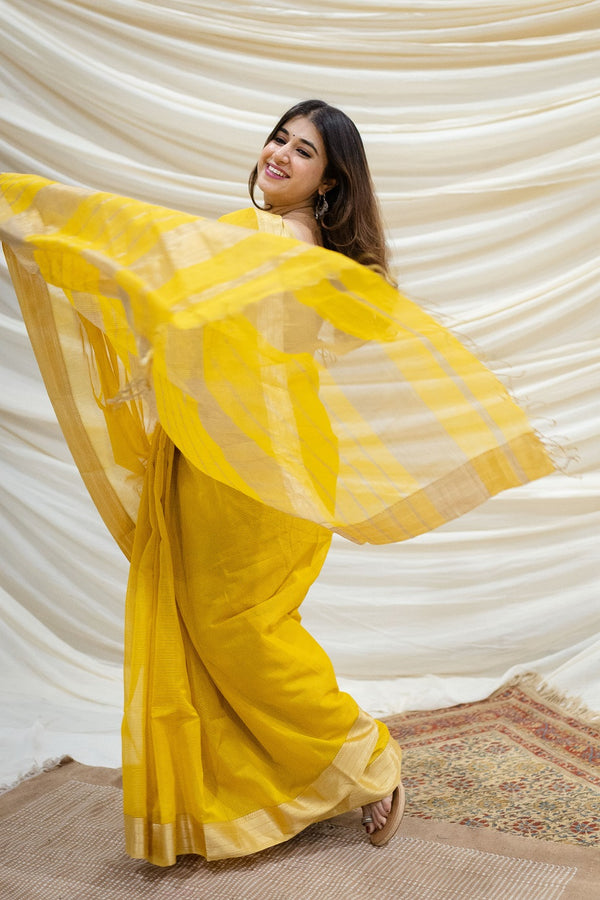 Yellow Maheshwari Silk Cotton Half Tissue Double Golden Zari Border Handwoven Saree