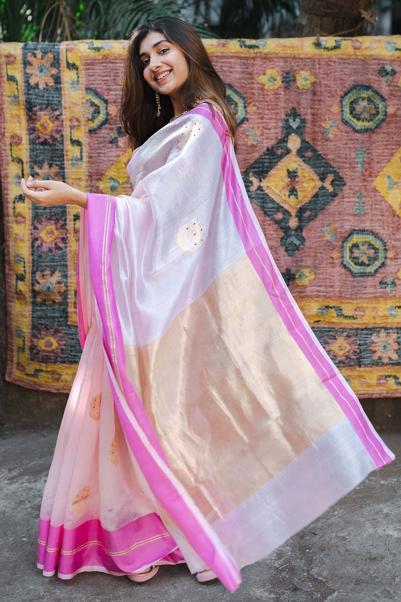 Light Pink Chanderi Pattu Soft Silk Aulowar Butti Saree