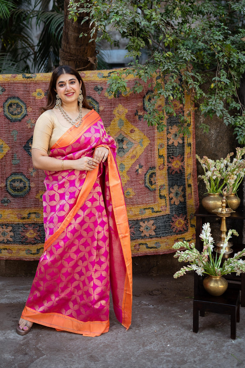 Pink Color Sequins And Zari Work Viscose Chanderi Saree - Cl