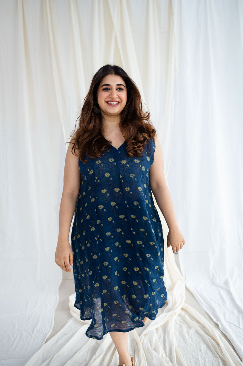 Riya Ajrakh Indigo Linen Dress