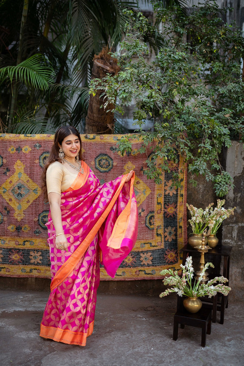Pink Chanderi Cotton Embroidered Work Saree With Jacquard Blouse Piece –  Robila.in