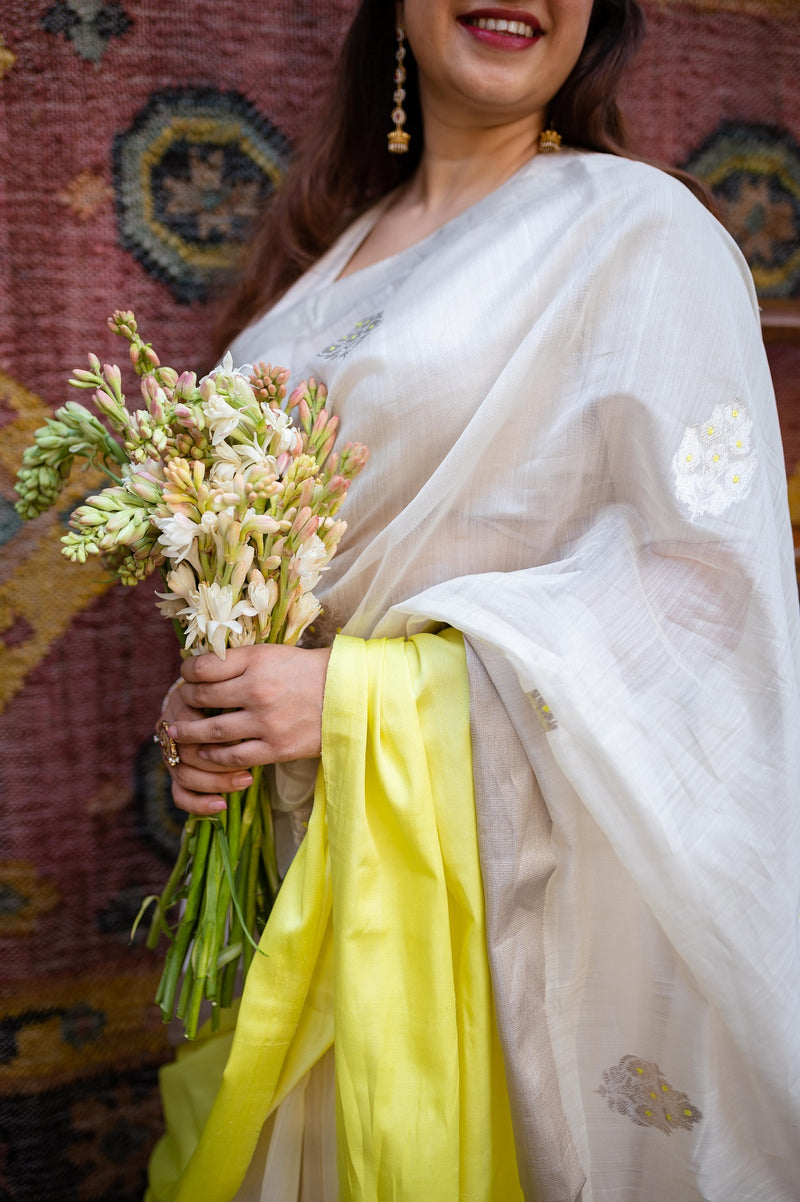 White & Lime Yellow Chanderi Mashru Border Cotton Silk Saree