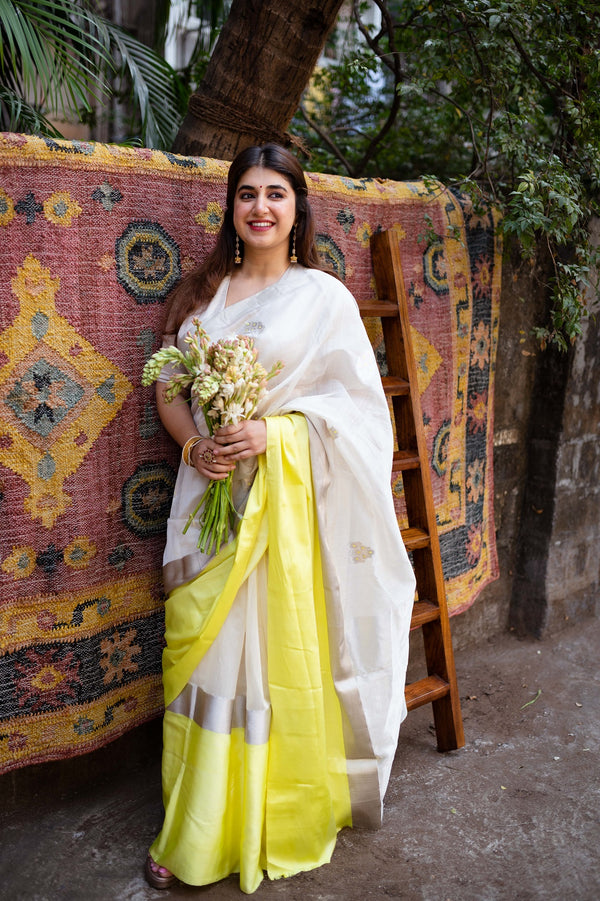 White & Lime Yellow Chanderi Mashru Border Cotton Silk Saree