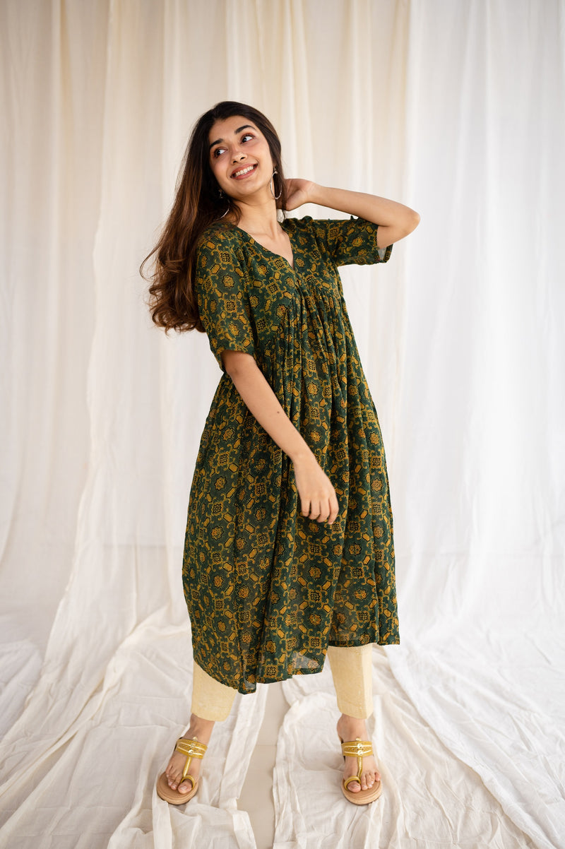 Henna Ajrakh Mul Cotton Flared Kurta