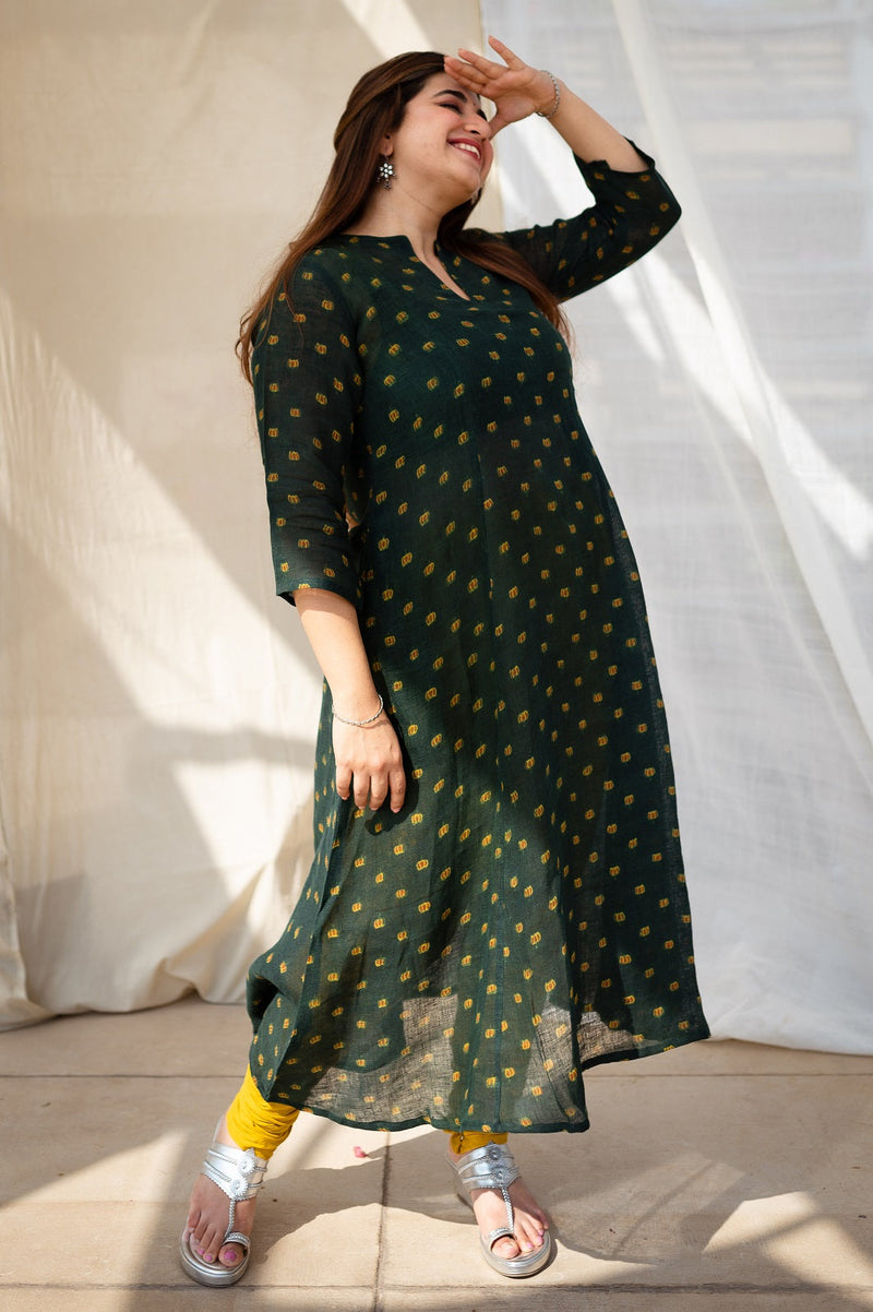 Maham Green & Yellow Lotus Ajrakh Natural Dyed Linen Kurta