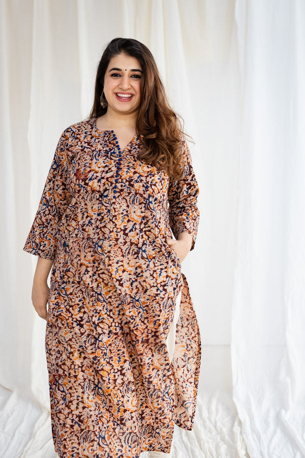 Rutvi Kalamkari Brown Cotton Kurta