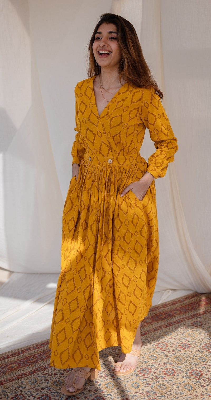 Kimaya Yellow Wrap Around Slub Cotton Dress