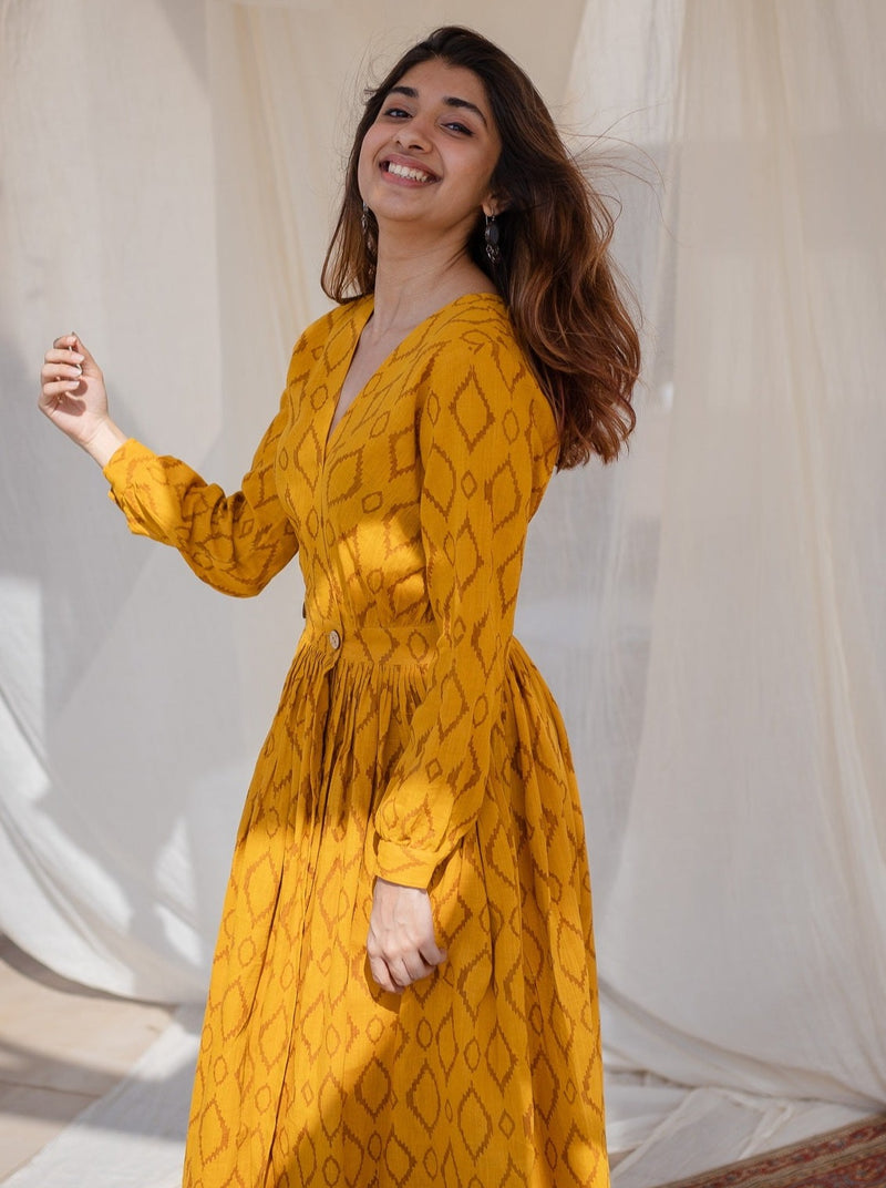 Kimaya Yellow Wrap Around Slub Cotton Dress