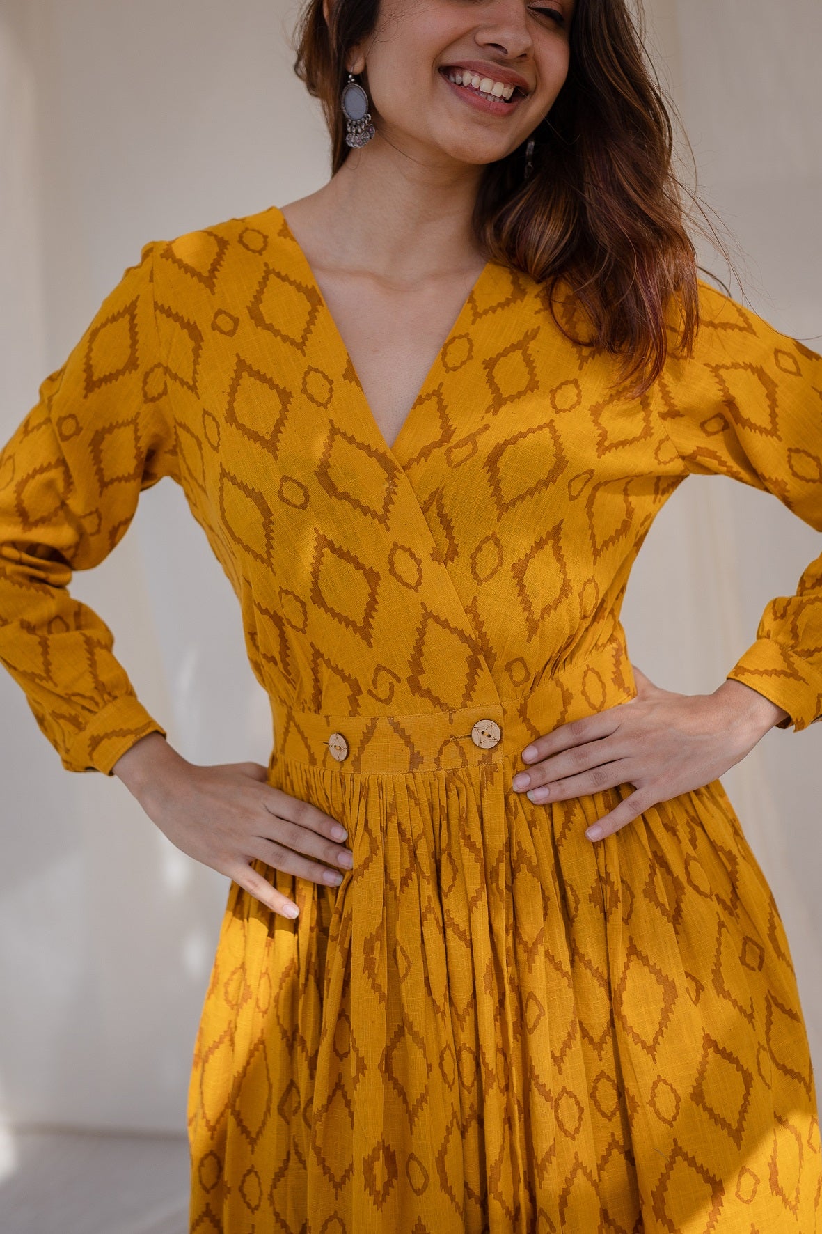 Yellow - Pochampally Ikat Weave Cotton Dress with Belt 20