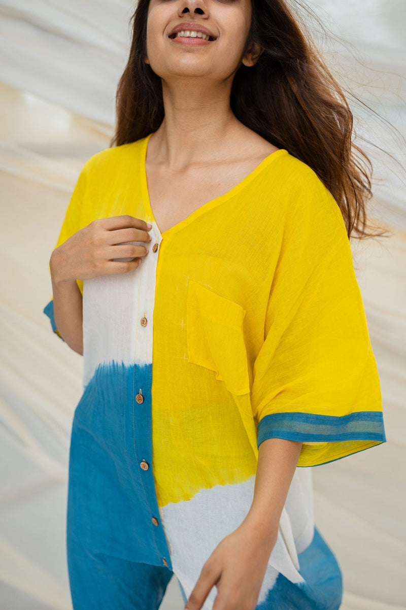 Shifa Shibori Yellow & Indigo Mul Cotton Shirt