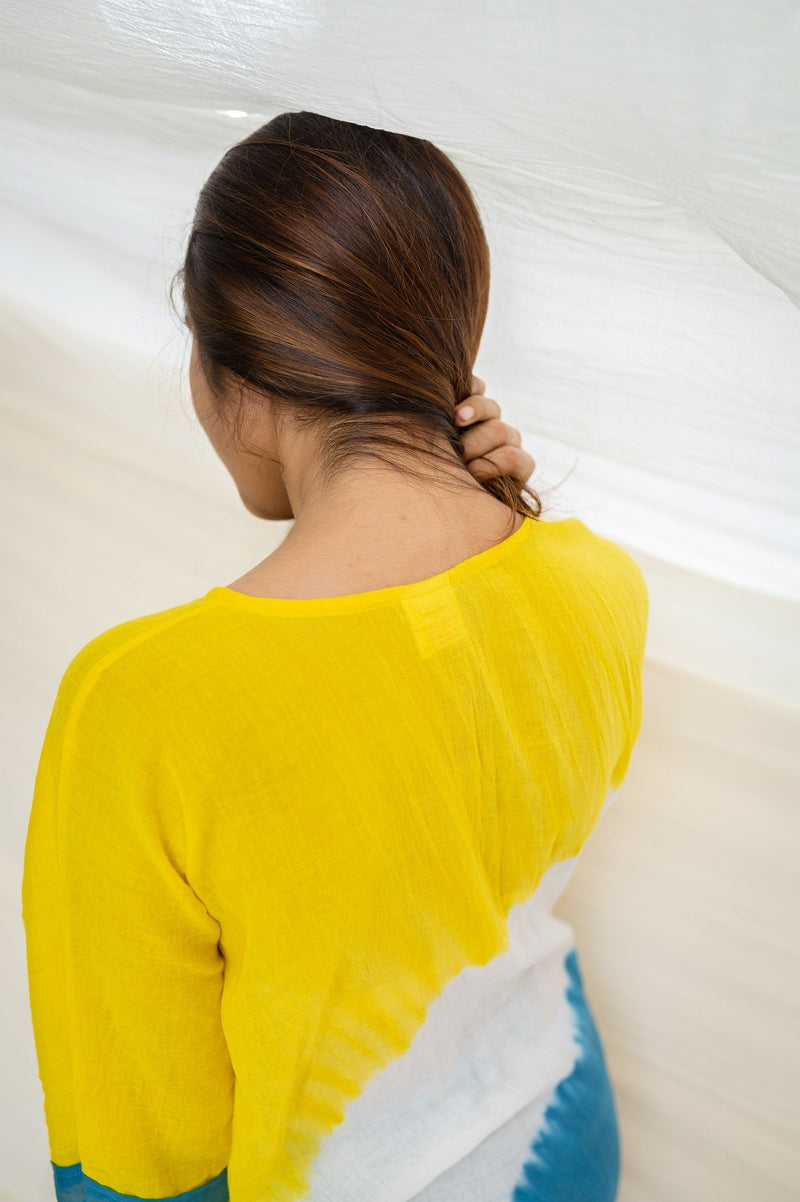 Shifa Shibori Yellow & Indigo Mul Cotton Shirt