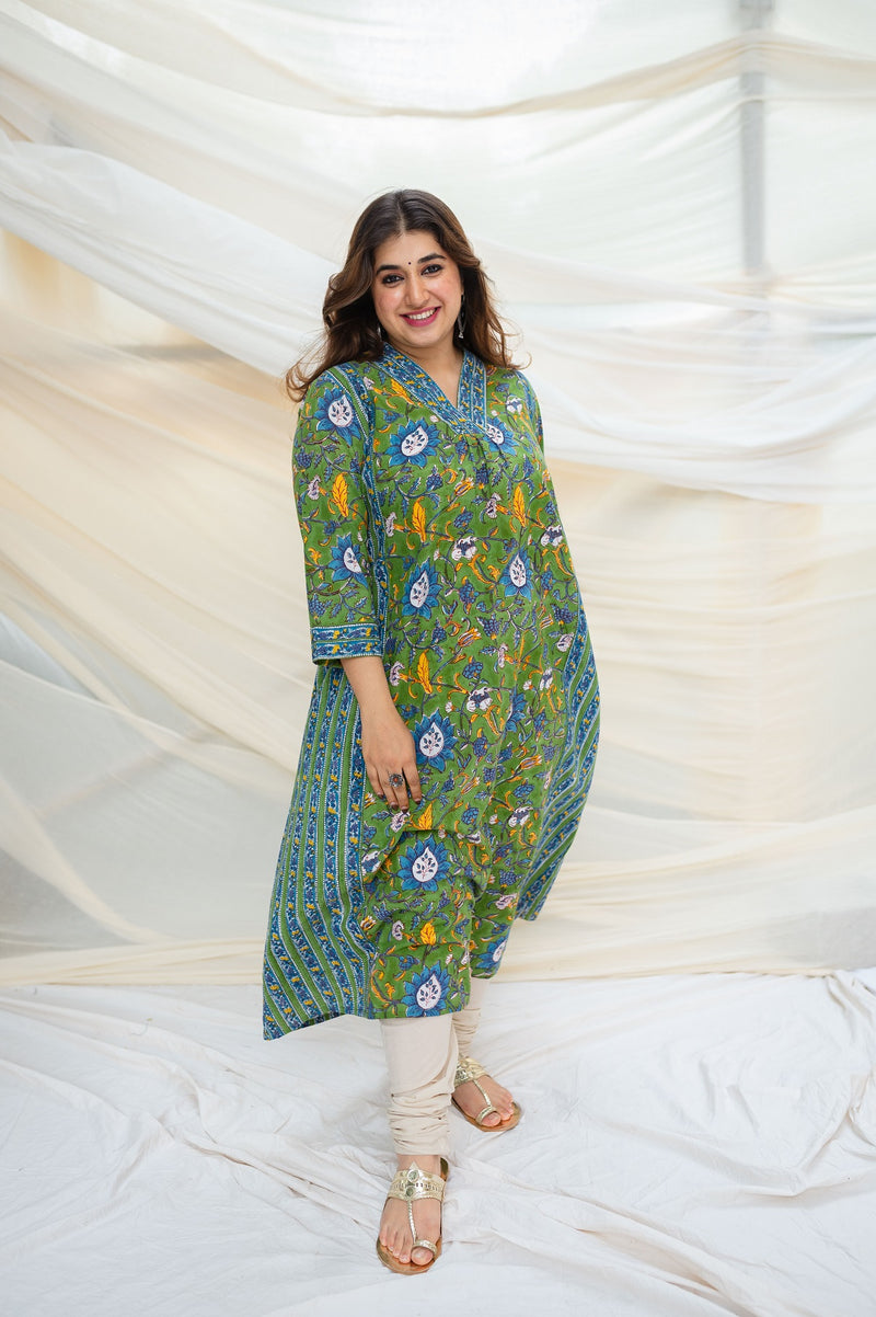 Paridhi Sanganeri Green Cotton Kali Kurta
