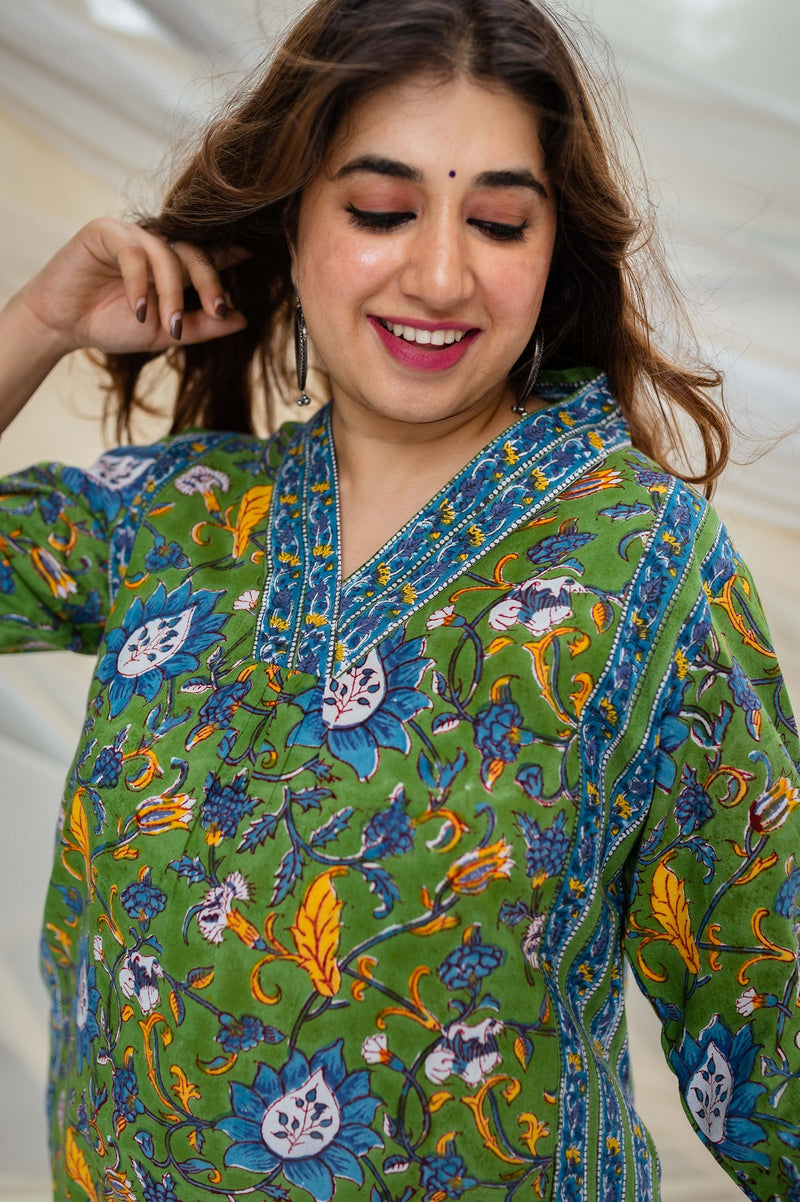 Paridhi Sanganeri Green Cotton Kali Kurta