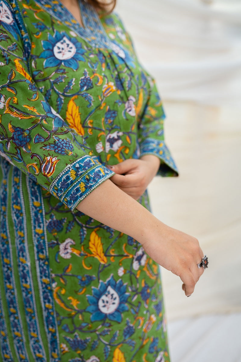 Paridhi Sanganeri Green Cotton Kali Kurta
