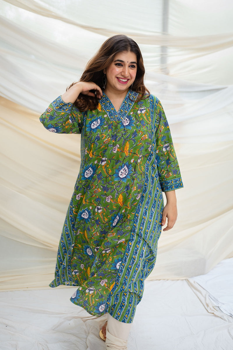 Paridhi Sanganeri Green Cotton Kali Kurta