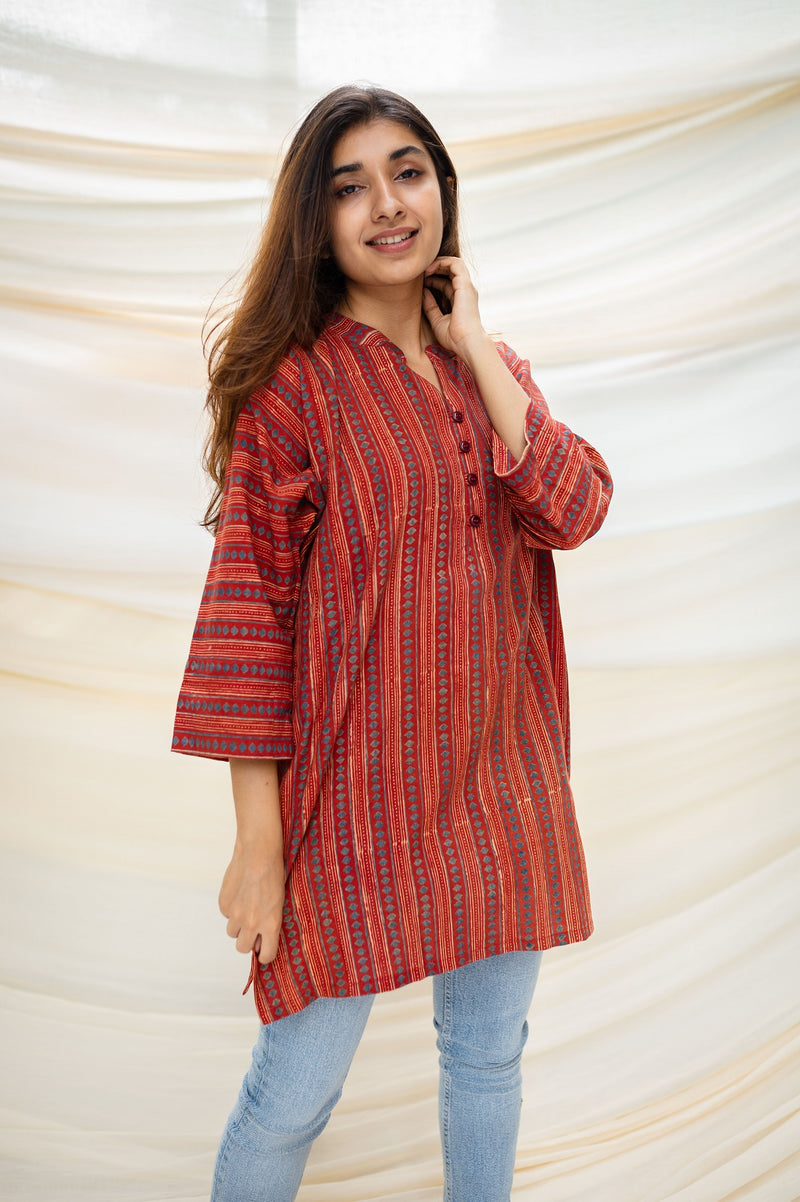 Pariza Ajrakh Madder Cotton Kali Short Top