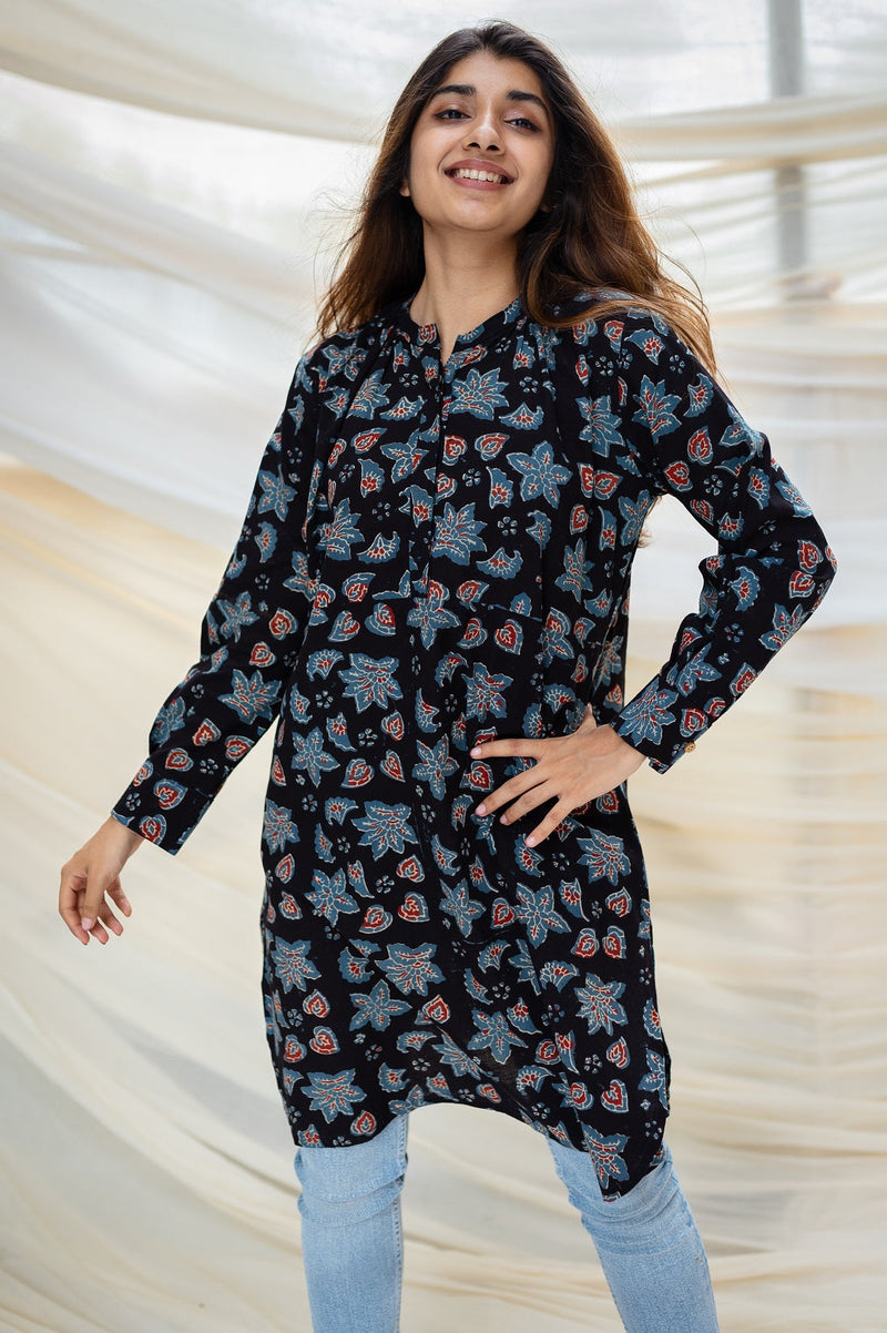 Tara Ajrakh Black Cotton Short Kurta