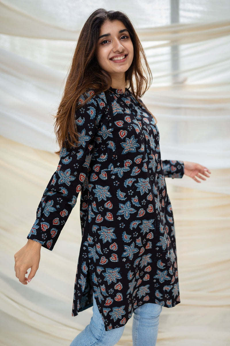 Tara Ajrakh Black Cotton Short Kurta