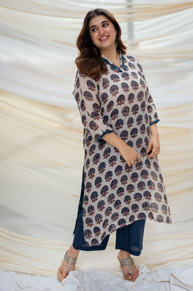 Rohina Ajrakh Beige Linen Kurta